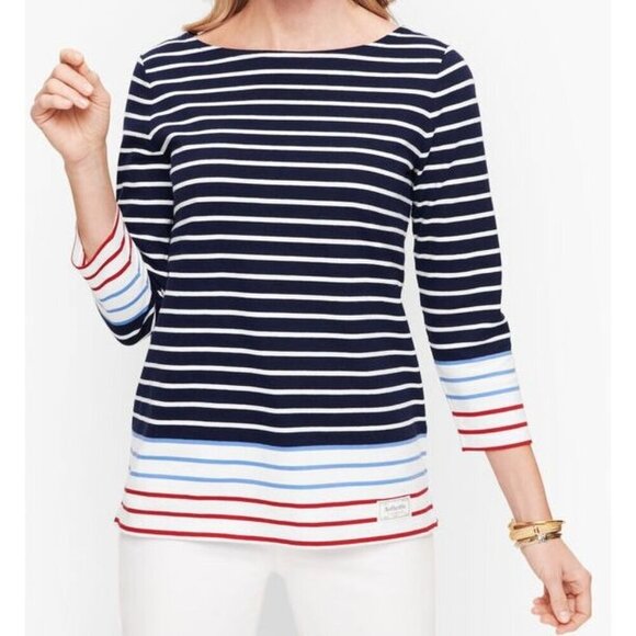 Talbots Plus Authentic 3/4 Sleeve Striped 100% Cotton Boat Neck Shirt Size 1X - Picture 1 of 13